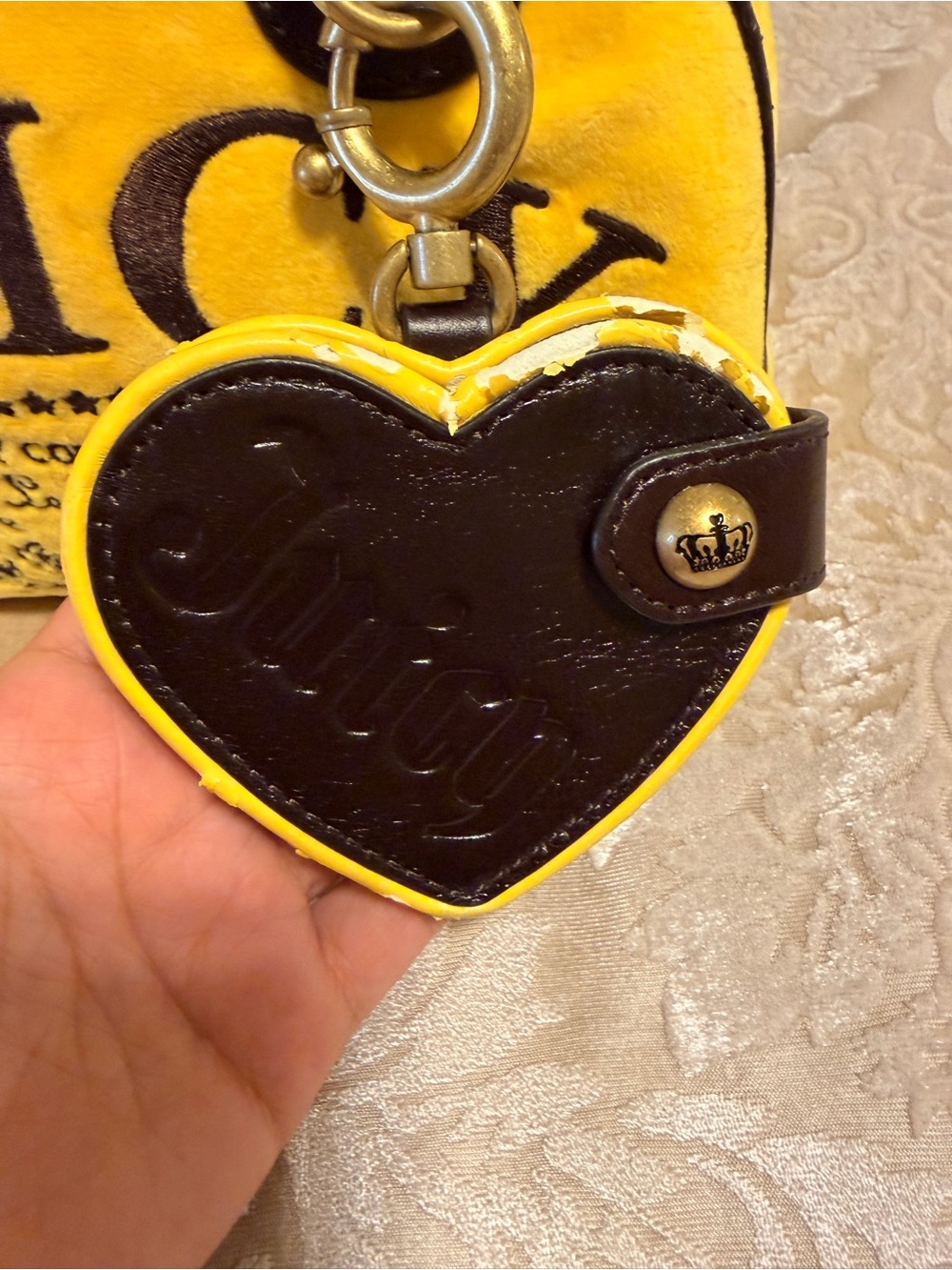 Juicy Couture Yellow Velvet Dome Satchel with Dark Brown Trim and Heart Charm - Picture 6 of 10